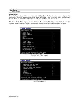 Page 30Diagnostics - 12
Main Menu
     Game Audits
GAME AUDITS
Press the Volume Up or Volume Down button to highlight Game Audits in the Main Menu and press the
Test button.  To move between pages of the Game Audit Table, press the Volume Up or Volume Down
button.  Press the Service Credit button to return to the Main Menu from this screen.
The Game Audits Table displays the play statistics.  The left side of the table names the Audit item; the
right side shows the amount of play.  Record these statistics...