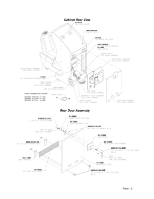 Page 63Parts - 3
Cabinet Rear View
H-23621
01-139805555-16059-00 03-8326 5642-14632-00 01-10714
OTHER ASSEMBLIES NOT SHOWN
BRACKET, PADLOCK   01-11286
BRACKET, KEY LOCK  01-11287
BRACKET, AC PLUG     A- 23089
Rear Door Assembly
01-8989
01-7264
01-11291
03-7602 4420-01141-004108-01219-11
4320-01164-20B
4320-01164-20B11-1250 4420-01141-00
01-11285
20-10350 