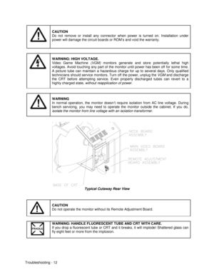 Page 114Troubleshooting - 12
CAUTION
Do not remove or install any connector when power is turned on. Installation under
power will damage the circuit boards or ROM’s and void the warranty.
WARNING: HIGH VOLTAGE.
Video Game Machine (VGM) monitors 
generate and store potentially lethal high
voltages. 
Avoid touching any part of the monitor until power has been off for some time.
A picture tube can maintain a hazardous charge for up to several days. Only qualified
technicians should service monitors. Turn off the...