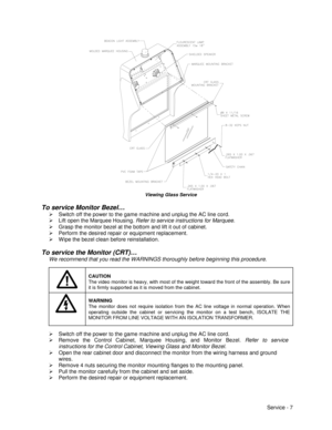 Page 51Service - 7
 
 
 
 
 
Viewing Glass Service
To service Monitor Bezel…
¾  Switch off the power to the game machine and unplug the AC line cord.
¾  Lift open the Marquee Housing. Refer to service instructions for Marquee.
¾  Grasp the monitor bezel at the bottom and lift it out of cabinet.
¾  Perform the desired repair or equipment replacement.
¾  Wipe the bezel clean before reinstallation.
To service the Monitor (CRT)…
We recommend that you read the WARNINGS thoroughly before beginning this procedure....