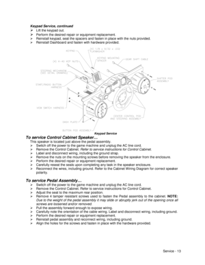Page 57Service - 13 Keypad Service, continued
 Lift the keypad out.
 Perform the desired repair or equipment replacement.
¾  Reinstall keypad, seat the spacers and fasten in place with the nuts provided.
¾  Reinstall Dashboard and fasten with hardware provided.
Keypad Service
To service Control Cabinet Speaker…
    
This speaker is located just above the pedal assembly.
¾  Switch off the power to the game machine and unplug the AC line cord.
¾  Remove the Control Cabinet. Refer to service instructions for...