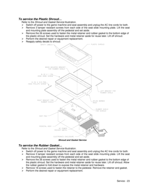 Page 67Service - 23
To service the Plastic Shroud…
Refer to the Shroud and Gasket Service illustration.
¾  Switch off power to the game machine and seat assembly and unplug the AC line cords for both.
¾  Remove 3 tamper resistant screws from each side of the seat slide mounting plate. Lift the seat
and mounting plate assembly off the pedestal and set aside.
¾  Remove the 26 screws used to fasten the metal retainer and rubber gasket to the bottom edge of
the plastic shroud. Set the hardware and metal retainer...