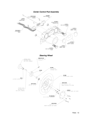 Page 81Parts - 13
Center Control Pod Assembly
5795-15667-20
26 PIN RIBBON
CABLE
H-23218
DASH LED
POWER CABLE
4108-01219-05
(5) 8-32 X 5/16 SCREW
SPECIAL
31-3371-1
PLASTIC DASH 
INSERT - FIRST
31-3371-2
PLASTIC DASH 
INSERT - SECOND 
31-3215-1
OVAL PUSH BUTTON 
START
31-3371-3
PLASTIC DASH 
INSERT - THIRD
31-3215-2
OVAL PUSH BUTTON 
RADIO 04-12435.2
DASH ASSEMBLY
PCB
04-12515.1
 MOLDED CENTER 
CONTROL POD
Steering Wheel
4028-01191-16B
4701-00005-00B EI-219
4427-01183-00
03-9910-3
4010-01100-08
4020-01100-20...