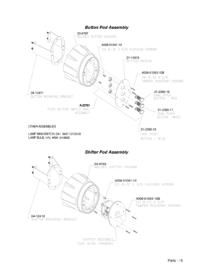 Page 83Parts - 15
Button Pod Assembly
A-22781
OTHER ASSEMBLIES
LAMP MINI-SWITCH, D41  5647-12133-00
LAMP BULB, 14V, #658  24-8828
Shifter Pod Assembly 