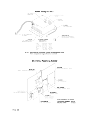 Page 88Parts - 20
Power Supply 20-10537
D.C. MAIN POWERCONNECTOR01-151005060-15755-00H-20353
Electronics Assembly A-23332
OTHER ASSEMBLIES NOT SHOWN
LED ADAPTER ASSEMBLY     
AMPLIFIER BOARD     04-11132
04-12662.1 