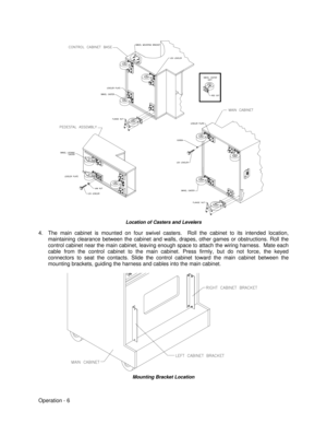 Page 12Operation - 6Location of Casters and Levelers
4. The main cabinet is mounted on four swivel casters.  Roll the cabinet to its intended location,
maintaining clearance between the cabinet and walls, drapes, other games or obstructions. Roll the
control cabinet near the main cabinet, leaving enough space to attach the wiring harness.  Mate each
cable from the control cabinet to the main cabinet. Press firmly, but do not force, the keyed
connectors to seat the contacts. Slide the control cabinet toward the...