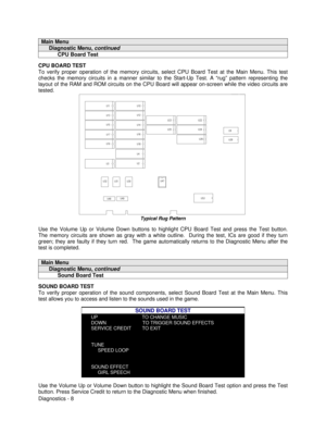 Page 26Diagnostics - 8Main Menu     Diagnostic Menu, continued           CPU Board TestCPU BOARD TEST
To verify proper operation of the memory circuits, select CPU Board Test at the Main Menu. This test
checks the memory circuits in a manner similar to the Start-Up Test. A “rug” pattern representing the
layout of the RAM and ROM circuits on the CPU Board will appear on-screen while the video circuits are
tested.Typical Rug Pattern
Use the Volume Up or Volume Down buttons to highlight CPU Board Test and press...