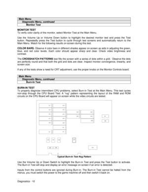 Page 28Diagnostics - 10Main Menu     Diagnostic Menu, continued           Monitor TestMONITOR TEST
To verify color clarity of the monitor, select Monitor Test at the Main Menu.
Use the Volume Up or Volume Down button to highlight the desired monitor test and press the Test
button. Repeatedly press the Test button to cycle through test screens and automatically return to the
Main Menu. Watch for the following results on-screen during this test.
COLOR BARS. Observe 4 color bars in different shades appear...