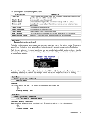 Page 37Diagnostics - 19 The following table clarifies Pricing Menu terms…
SCREEN TERMDEFINITIONChute UnitsCurrency inserted accumulates units. This adjustment specifies the quantity of units
given for each coin or bill in each coin chute.Units Per CreditUnits needed to accumulate a credit.Units For BonusUnits awarded after a player has accumulated enough points for a bonus.Minimum UnitsNo credits will be awarded until the minimum required currency units have been
accumulated.Credits to StartUnits needed to...