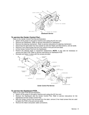 Page 53Service - 9Dashboard Service
To service the Center Control Pod…
Refer to the Center Control Pod Service illustration.
Ø Switch off the power to the game machine and unplug the AC line cord.
Ø Remove the Dashboard. Refer to service instructions for Dashboard.
Ø Remove the steering mechanism. Refer to service instructions for steering mechanism.
Ø Disconnect the light bulbs from the sockets for both the Radio and Start buttons, and set aside.
Ø Remove 5 hex head screws that form the outline of the pod and...