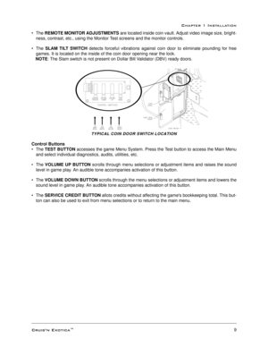 Page 11&UXLV·Q ([RWLFDŒ
9
&+$37(5,167$//$7,21
The REMOTE MONITOR ADJUSTMENTS
 are located inside coin vault. Adjust video image size, bright-
ness, contrast, etc., using the Monitor Test screens and the monitor controls. 
The SLAM TILT SWITCH
 detects forceful vibrations against coin door to eliminate pounding for free
games. It is located on the inside of the coin door opening near the lock.
NOTE
: The Slam switch is not present on Dollar Bill Validator (DBV) ready doors.
TYPICAL COIN DOOR SWITCH LOCATION...