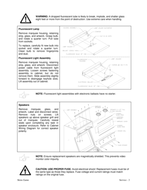 Page 12Skins GameService - 3
WARNING:
 A dropped fluorescent tube is likely to break, implode, and shatter glass
eight feet or more from the point of destruction. Use extreme care when handling.
Fluorescent Lamp
Remove marquee housing, retaining
strip, glass, and artwork. Grasp bulb,
and rotate a quarter turn. Pull tube
from sockets.
To replace, carefully fit new bulb into
socket and rotate a quarter turn.
Clean bulb to remove fingerprints
and dust.
Fluorescent Light Assembly
Remove marquee housing, retaining...