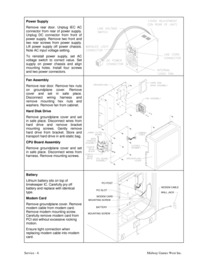 Page 15Service - 6Midway Games West Inc. Power Supply
Remove rear door. Unplug IEC AC
connector from rear of power supply.
Unplug DC connector from front of
power supply. Remove two front and
two rear screws from power supply.
Lift power supply off power chassis.
Note AC input voltage setting.
To reinstall power supply, set AC
voltage switch to correct value. Set
supply on power chassis and align
mounting holes. Install four screws
and two power connectors.
Fan Assembly
Remove rear door. Remove hex nuts
on...