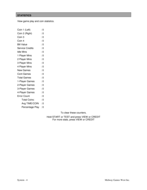 Page 21System - 4Midway Games West Inc.
STATISTICS
View game play and coin statistics.
Coin 1 (Left) : 0
Coin 2 (Right) : 0
Coin 3  : 0
Coin 4 : 0
Bill Value : 0
Service Credits : 0
Idle Mins : 0
1 Player Mins : 0
2 Player Mins : 0
3 Player Mins : 0
4 Player Mins : 0
New Games : 0
Cont Games : 0
Total Games : 0
1-Player Games : 0
2-Player Games : 0
3-Player Games : 0
4-Player Games : 0
Error Count : 0
Total Coins:  : 0
Avg TIME/COIN : 0
Percentage Play : 0
To clear these counters,
Hold START or TEST and press...