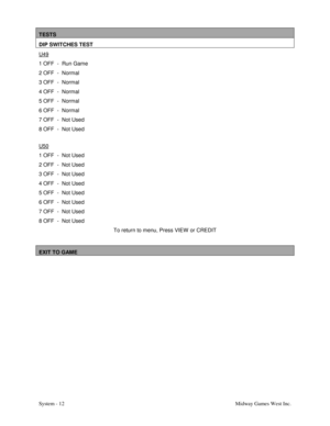 Page 29System - 12 Midway Games West Inc.
TESTS
DIP SWITCHES TEST
U49
1 OFF  -  Run Game
2 OFF  -  Normal
3 OFF  -  Normal
4 OFF  -  Normal
5 OFF  -  Normal
6 OFF  -  Normal
7 OFF  -  Not Used
8 OFF  -  Not Used
U50
1 OFF  -  Not Used
2 OFF  -  Not Used
3 OFF  -  Not Used
4 OFF  -  Not Used
5 OFF  -  Not Used
6 OFF  -  Not Used
7 OFF  -  Not Used
8 OFF  -  Not Used
To return to menu, Press VIEW  or CREDIT
EXIT TO GAME 