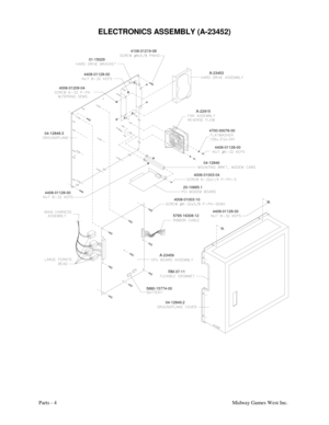 Page 41Parts - 4Midway Games West Inc.
ELECTRONICS ASSEMBLY (A-23452)
20-10665.1
4008-01003-10
5795-16308-12
04-12849.2 4408-01128-00
A-23459
RM-37-11
4408-01128-00
04-12848.3
4006-01209-044408-01128-0001-15029
4406-01128-00
04-12846
4006-01003-044700-00076-00 A-22915A-23453
5880-15774-00 4108-01219-08 