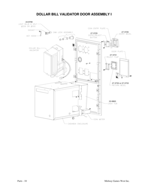 Page 47Parts - 10Midway Games West Inc.
DOLLAR BILL VALIDATOR DOOR ASSEMBLY I
27-3730 or 27-3733
03-886327-3729
27-3731
27-3725
24-8768 