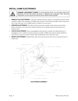 Page 11Setup - 8Midway Games West Inc.
INSTALL GAME ELECTRONICS
WARNING: DISCONNECT POWER. 
To avoid electrical shock, turn off power switch and
disconnect AC line cord before removing or replacing any component. After servicing
components, be sure all ground wires are secure before restoring power.
1. REMOVE OLD ELECTRONICS  
Label, then carefully disconnect cables on each printed electronics board
assembly in cabinet. Note orientation of JAMMA edge connector on CPU Board Assembly. Remove boards and
store in...