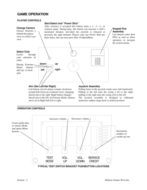 Page 19System - 2Midway Games West Inc.
GAME OPERATION
PLAYER CONTROLS
OPERATOR CONTROLS
SERVICE
CREDI T VOL.
DOWN UP VOL.
MODETEST
TYPICAL TEST SWITCH BRACKET PUSHBUTTON LOCATIONS
Keypad Pod
Assembly
Lets players enter their
PINs as well as allow
operators to navigate
the system menus.
Joystick Assembly
Pulling back on the joystick winds your club backwards.
Pulling to the left aims the swing a bit to the right;
pulling to the right aims the swing a bit to the left.
The joystick assembly is designed to...