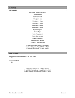 Page 22Skins Game Conversion Kit System - 5
STATISTICS
HISTOGRAMS
New Game Times (in seconds)
Course Selected
Golfer Selected
Holes/game total
Holes/game 1 player
Holes/game 2 player
Holes/game 3 player
Holes/game 4 player
Players per game
Game Type
QuickShot percent
Power Shot percent
Power Shot usage
Navigated shot percent
CLEAR ALL HISTOGRAMS
To select Histogram, Use +/-/LEFT/RIGHT
To show Histogram, Press START or TEST
To return to menu, Press VIEW  or CREDIT
GAME OPTIONS
Reset High Scores After Reboot (One...