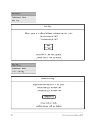 Page 3536Midway Amusement Games, LLC
Main Menu
Adjustments Menu
Free Play
Free Play
Allows game to be played without credits or inserting coins.
Factory setting is OFF
Current setting is OFF
ON
OFF
Select ON or OFF with joystick.
Confirm choice with any button.
Main Menu
Adjustments Menu
Game Difficulty
Game Difficulty
Adjusts the difficulty level of the game.
Factory setting is 3 MEDIUM
Current setting is 3 MEDIUM
3 MEDIUM
Select with joystick.
Confirm choice with any button. 