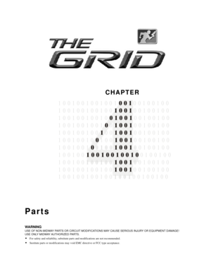 Page 42CHAPTER
WARNING
USE OF NON-MIDWAY PARTS OR CIRCUIT MODIFICATIONS MAY CAUSE SERIOUS INJURY OR EQUIPMENT DAMAGE!
USE ONLY MIDWAY AUTHORIZED PARTS.
•For safety and reliability, substitute parts and modifications are not recommended.
Sustitute parts or modifications may void EMC directive or FCC type acceptance.
Parts

1 0 0 1 0  1       0   0     0       
1   0 1 0 0 1 0 0    0 1 0       
1 0 0 1 0 0 1 0     0 0     0   0 0
1 0 0  0 0 1 0             1 0     0 
1 0 0  0 0 1 0 0   0     0 1 0   0 
1 0 0 1...