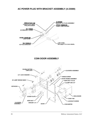 Page 4950Midway Amusement Games, LLC
AC POWER PLUG WITH BRACKET ASSEMBLY (A-23089)
&/,&.(56 $66(0%/<
+,1*( 6&5(:
&/$03 86$ µ
225 )5$0( $66(0%/<
(1&/2685(
&$6+ 78%
/2&.287 6&5(:
&2,1 0(7(5
&29(5 3/$7(
.(36 187
63$&(5 µ225&/,&.(56$66(0%/< .(