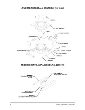 Page 5354Midway Amusement Games, LLC
LOWERED TRACKBALL ASSEMBLY (20-10683)
6&5(:
µ 723 %5$&.(7
%$//
$02$ +$51(66
,/(5 6+$)7
237,& 6(1625
6&5(:
:+((/ 6+877(5
)/$7 :$6+(5
%($5,1*
52//(5
%($5,1*
%27720 %5$&.(7
FLUORESCENT LAMP ASSEMBLY (A-22506-1)




)/825(6&(17 78%(
µ Z







(/(&7521,& %$//$67




)/825(6&(17 78%( +2/(5








+286,1* $66(0%/< 