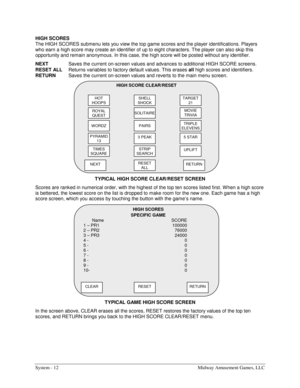 Page 32System - 12  Midway Amusement Games, LLC 
HIGH SCORES 
The HIGH SCORES submenu lets you view the top game scores and the player identifications. Players 
who earn a high score may create an identifier of up to eight characters. The player can also skip this 
opportunity and remain anonymous. In this case, the high score will be posted without any identifier. 
NEXT
  Saves the current on-screen values and advances to additional HIGH SCORE screens. 
RESET ALL
  Returns variables to factory default values....