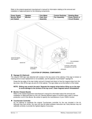 Page 48Service - 4  Midway Amusement Games, LLC 
Refer to the original equipment manufacturer’s manual for information relating to the removal and 
installation of approved parts for the following components. 
 
Power Supply  Speaker  Coin Meter  Control Switches  Rotating Base 
Monitor Bezel 
and Gasket Monitor Cash Door 
Assembly Fan Assembly  Power Switch or 
Circuit Breaker 
SPEAKER
COIN METER
CONTROL SWITCHES
(CALIBRATE & SETUP)
FAN ASSEMBLY MONITOR BEZEL
AND GASKET
MONITOR
CASH DOOR
ASSEMBLY
 
LOCATION OF...