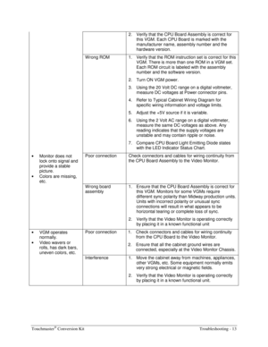 Page 69Touchmaster® Conversion Kit    Troubleshooting - 13 
2.  Verify that the CPU Board Assembly is correct for 
this VGM. Each CPU Board is marked with the 
manufacturer name, assembly number and the 
hardware version. 
  W rong ROM  1.  Verify that the ROM instruction set is correct for this 
VGM. There is more than one ROM in a VGM set. 
Each ROM circuit is labeled with the assembly 
number and the software version. 
2.  Turn ON VGM power. 
3.  Using the 20 Volt DC range on a digital voltmeter, 
measure DC...