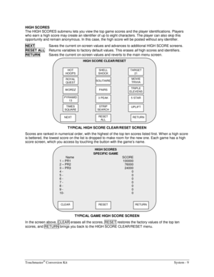 Page 25Touchmaster® Conversion Kit    System - 9 
HIGH SCORES 
The HIGH SCORES submenu lets you view the top game scores and the player identifications. Players 
who earn a high score may create an identifier of up to eight characters. The player can also skip this 
opportunity and remain anonymous. In this case, the high score will be posted without any identifier. 
NEXT
  Saves the current on-screen values and advances to additional HIGH SCORE screens. 
RESET ALL
  Returns variables to factory default values....