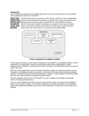 Page 31Touchmaster® Conversion Kit    System - 15 
DIAGNOSTIC 
Use the Diagnostic routines to check display performance, to verify sounds and music, to test switches, 
and to calibrate and verify the Touchscreen. 
VIDEO TEST  
Choose this test group to examine the CRT linearity, uniformity, or color characteristics. 
SOUND TEST  
Check the audio components with game sounds and music. Have you heard them all? 
SWITCH TEST  
Manually test of currency acceptors, cabinet SETUP and CALIBRATE switches. 
CALIBRATE...