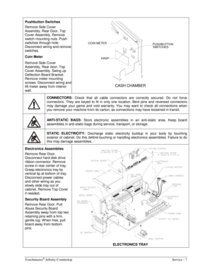 Page 15Touchmaster® Infinity Countertop    Service - 7 
Pushbutton Switches 
Remove Side Cover 
Assembly, Rear Door, Top 
Cover Assembly. Remove 
switch mounting nuts. Push 
switches through hole. 
Disconnect wiring and remove 
switches. 
Coin Meter 
Remove Side Cover 
Assembly, Rear door, Top 
Cover Assembly. Swing up 
Deflection Board Bracket. 
Remove meter mounting 
screws. Disconnect wiring and 
lift meter away from interior 
wall. 
COIN METER
PUSHBUTTON
SWITCHES
HASP
 
CASH CHAMBER 
 CONNECTORS:
 Check...