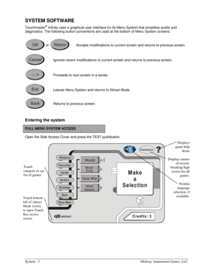 Page 20System - 2    Midway Amusement Games, LLC 
Displays 
game help 
demo 
Displays names 
of record-
breaking high 
scores for all 
games. 
Permits 
language 
selection, if 
available. 
 
 
SYSTEM SOFTWARE 
Touchmaster® Infinity uses a graphical user interface for its Menu System that simplifies audits and 
diagnostics. The following button conventions are used at the bottom of Menu System screens. 
 or
   Accepts modifications to current screen and returns to previous screen.
 
 Ignores recent modifications...