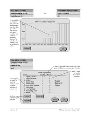 Page 24System - 6    Midway Amusement Games, LLC 
 
FULL MENU SYSTEM  TOUCH KEY MENU SYSTEM 
GAME/COINAGE SETUP or EROTIC GAMES 
Erotic Games On  On 
24  H ou r E ro tic A dju stm ent
Full
Semi
Bikini
Off
DP DP DP SP SP SP SP SP SP DP DP DP
 
 
FULL MENU SYSTEM 
GAME/COINAGE SETUP 
GAME SETUP 
Next 
 
Scrolls up or 
down through 
game list. Select a game 
to modify 
bonus level 
difficulty. 
Lets you price 
all games at 
from 1-4 
credits, as well 
as adjust 
difficulty of 
bonus level. 
Select...