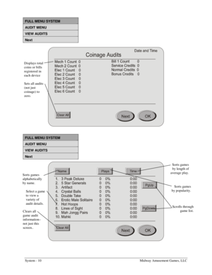 Page 28System - 10    Midway Amusement Games, LLC 
FULL MENU SYSTEM 
AUDIT MENU  
VIEW AUDITS 
Next 
 
 
FULL MENU SYSTEM 
AUDIT MENU  
VIEW AUDITS 
Next 
 
Displays total 
coins or bills 
registered in 
each device 
 
Sets all audits 
(not just 
coinage) to 
zero. 
Sorts games 
alphabetically 
by name. 
Select a game 
to view a 
variety of 
audit details. 
Sorts games 
by length of 
average play. 
Sorts games 
by popularity. 
Clears all 
game audit 
information–
not just this 
screen.. 
Scrolls through 
game...