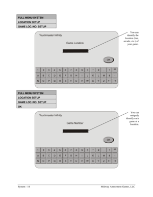 Page 36System - 18    Midway Amusement Games, LLC 
 
FULL MENU SYSTEM 
LOCATION SETUP 
GAME LOC./NO. SETUP 
 
FULL MENU SYSTEM 
LOCATION SETUP 
GAME LOC./NO. SETUP 
OK 
You can 
identify the 
location (bar, 
arcade, etc.) of 
your game. 
You can 
uniquely 
identify each 
game at a 
location.  