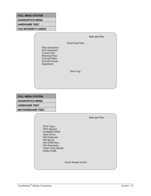 Page 41Touchmaster® Infinity Countertop    System - 23 
 
FULL MENU SYSTEM 
DIAGNOSTICS MENU  
HARDWARE TEST 
FILE INTEGRITY CHECK 
Date and Tim e
 
FULL MENU SYSTEM 
DIAGNOSTICS MENU  
HARDWARE TEST 
MOTHERBOARD TEST 
Date and Tim e
Touch Screen to Exit 