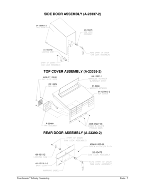 Page 47Touchmaster® Infinity Countertop  Parts - 5 
SIDE DOOR ASSEMBLY (A-23337-2) 
01-15072.120-10475
04-12699.1-2
 
TOP COVER ASSEMBLY (A-23338-2) 
4008-01227-06
20-10414
4406-01128-00
04-12700.3-2 04-12821-1
A-2346031-3630
 
REAR DOOR ASSEMBLY (A-23390-2) 
01-15118.1-2
4006-01005-06
20-1047501-15112
  
