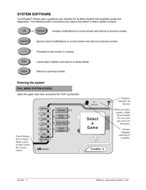 Page 18System - 2    Midway Amusement Games, LLC 
Displays 
operator Ad 
Screens 
When you select 
a game, a High 
Scores button 
lets you view 
top scores for 
that game. 
Permits 
language 
selection, if 
available. 
 
 
SYSTEM SOFTWARE 
Touchmaster® Infinity uses a graphical user interface for its Menu System that simplifies audits and 
diagnostics. The following button conventions are used at the bottom of Menu System screens. 
 or
   Accepts modifications to current screen and returns to previous screen....