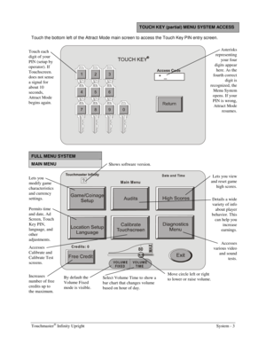Page 19Touchmaster® Infinity Upright    System - 3 
 
TOUCH KEY (partial) MENU SYSTEM ACCESS 
Touch the bottom left of the Attract Mode main screen to access the Touch Key PIN entry screen.  
 
 
FULL MENU SYSTEM 
MAIN MENU 
Date and Time
Main Menu
Credits: 0
V O L U M E      V O L U M E
  F IX E D            T IM E
80

  Touch each 
digit of your 
PIN (setup by 
operator). If 
Touchscreen. 
does not sense 
a signal for 
about 10 
seconds, 
Attract Mode 
begins again. Asterisks 
representing 
your four 
digits...