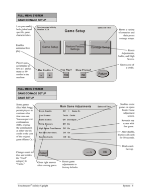 Page 21Touchmaster® Infinity Upright    System - 5 
 
FULL MENU SYSTEM 
GAME/COINAGE SETUP 
Touchm aster Infinity
Versio n X .X XDate and Time
Game Setup
Free Play?
Show Pricing?Max Credits: 1
 
FULL MENU SYSTEM 
GAME/COINAGE SETUP 
GAME SETUP 
B uyin  C red its                     O ff     1     G am e  C r.
C ard G am es                       Tactic   C ard s
E ro tic  G am es                     O ff   O n /A d just
Trivia  A n sw ers                   O ff   O n
High S core Free G ames    Off   On
Fan Deck...