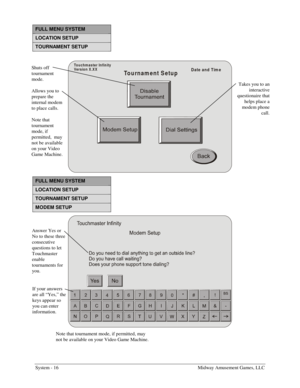 Page 32System - 16    Midway Amusement Games, LLC 
FULL MENU SYSTEM 
LOCATION SETUP 
TOURNAMENT SETUP 
Touchm aster Infinity
Versio n X .X X
To u rn a m e n t  S e t u pDate and Tim e
 
FULL MENU SYSTEM 
LOCATION SETUP 
TOURNAMENT SETUP 
MODEM SETUP 
 
Shuts off 
tournament 
mode. 
Allows you to 
prepare the 
internal modem 
to place calls. 
Note that 
tournament 
mode, if 
permitted,  may 
not be available 
on your Video 
Game Machine. 
Takes you to an 
interactive 
questionaire that 
helps place a 
modem...