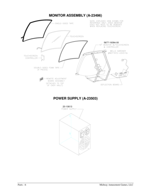 Page 44Parts - 6    Midway Amusement Games, LLC 
MONITOR ASSEMBLY (A-23496) 
5677-16394-00
 
POWER SUPPLY (A-23503) 
20-10613 