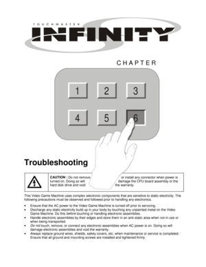 Page 55 
CHAPTER 
Troubleshooting 
 CAUTION : 
Do not remove      or install any connector when power is 
turned on. Doing so will     damage the CPU board assembly or the 
hard disk drive and void   the warranty. 
This Video Game Machine uses complex electronic components that are sensitive to static electricity. The 
following precautions must be observed and followed prior to handling any electronics. 
• 
Ensure that the AC power to the Video Game Machine is turned off prior to servicing. 
• 
Discharge any...