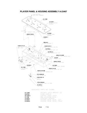 Page 124Parts          7-10
PLAYER PANEL & HOUSING ASSEMBLY A-23467
4408-01120-00
04-1285020-9347
4408-01128-00
4320-01164-20B4420-01141-00 04-11089 4106-01115-1220-9841.1A-23469 01-11996
31-3478.1 04-12403.1 03-9796.1 01-11955
A-21939-1
03-8338-1
5731-06569-00
16-10272-15733-15299-00
31-3479-3 31-3479-1 31-1768
4106-01001-1003-7655-12
4108-01219-11
03-7655-8 RM-42-01
4308-01123-20B 