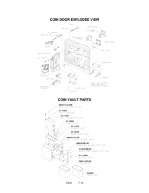 Page 128Parts          7-14
COIN DOOR EXPLODED VIEW
#259 OR #55524-8768
COIN VAULT PARTS
01-11334 4320-01123-20B
01-11379
01-12324
04-10150
4420-01141-00
4004-01041-06
4110-01088-12
01-11298-1
5580-13476-00
03-8863 01-11275 