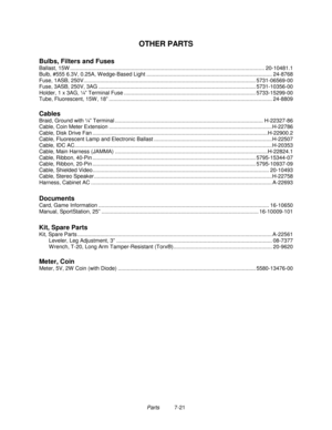 Page 135Parts          7-21
OTHER PARTS
Bulbs, Filters and Fuses
Ballast, 15W .................................................................................................................................. 20-10481.1
Bulb, #555 6.3V, 0.25A, W edge-Based Light .................................................................................... 24-8768
Fuse, 1ASB, 250V................................................................................................................... 5731-06569-00
Fuse, 3ASB,...