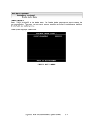 Page 34Diagnostic, Audit & Adjustment Menu System for NFL          3-14
Main Menu (continued)
Audits Menu (continued)
Credits Audits Menu
CREDITS AUDITS
Select CREDITS AUDITS at the Audits Menu. The Credits Audits menu permits you to assess the
currency collection. This report menu presents revenue quantities and other important game statistics.
Credits Audits is a read-only menu.
To exit, press any player panel button.
CREDITS AUDITS - PAGE: 1
CREDITS AVAILABLE                   XXXXXXXX
PRESS ANY BUTTON TO...